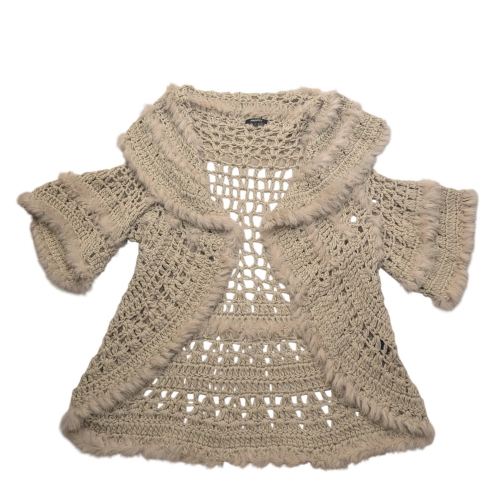 Radzoli Crochet Cardigan Womens Large Beige Real Rabbit Fur Trim Shrug Short Slv